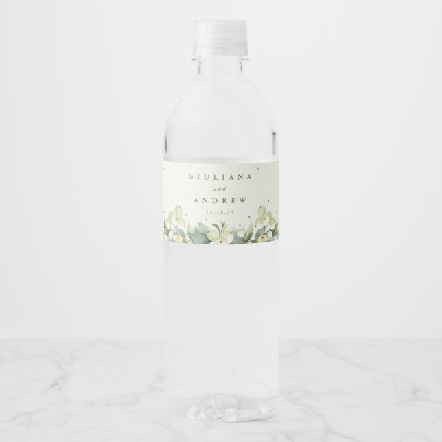Cream Snowberry+Eucalyptus Winter Wedding Water Bottle Label (Front)