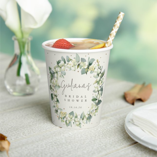 Cream Snowberry+Eucalyptus Wreath Bridal Shower Paper Cups (Insitu)