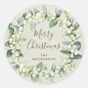 Cream Snowberry+Eucalyptus Wreath Merry Christmas Classic Round Sticker