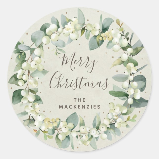 Cream Snowberry+Eucalyptus Wreath Merry Christmas Classic Round Sticker (Front)