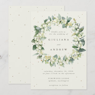 Cream Snowberry+Eucalyptus Wreath Winter Wedding Invitation