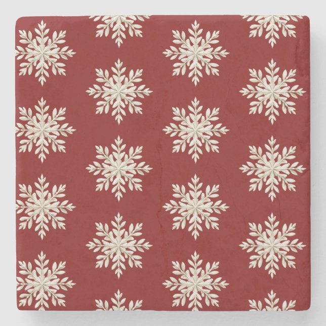 Cream Snowflake Red Christmas Stone Coaster (Front)