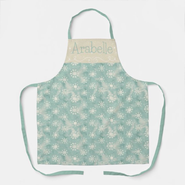 Cream Snowflakes on Mint Green Apron (Front)