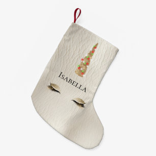 Cream Sparkle Gold Glam Unicorn Lights Small Christmas Stocking