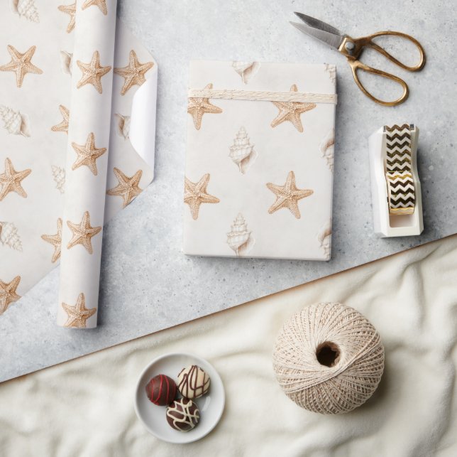Cream Starfish Shells Beach Wedding Wrapping Paper (Crafts)