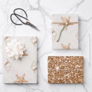 Cream Starfish Shells Beach Wedding Wrapping Paper Sheet