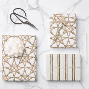 Cream Stars Faux Wood Christmas Wrapping Paper Sheet