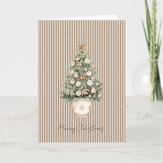 Cream Stripes Christmas Tree Star Ornaments Card (Front)