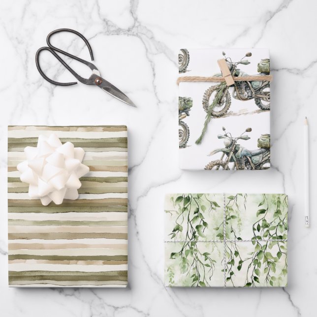 Cream Stripes Motorcycle Ivy Jungle Birthday Wrapping Paper Sheet (Front)