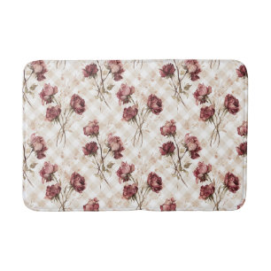 Cream Stripes Red Roses Flowers Bath Mat