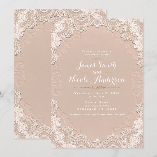 Cream Suede Leather Vintage Lace Western Wedding Invitation (Front/Back)