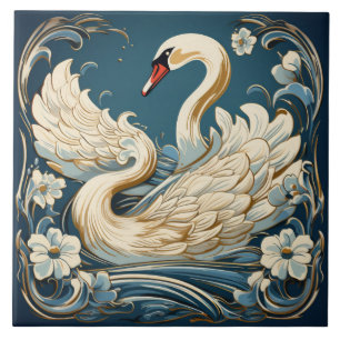 Cream Swan and Pale Flowers on Teal Tile