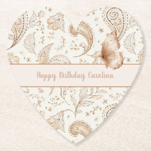 Cream Tan Boho Butterfly Birthday Paper Coaster