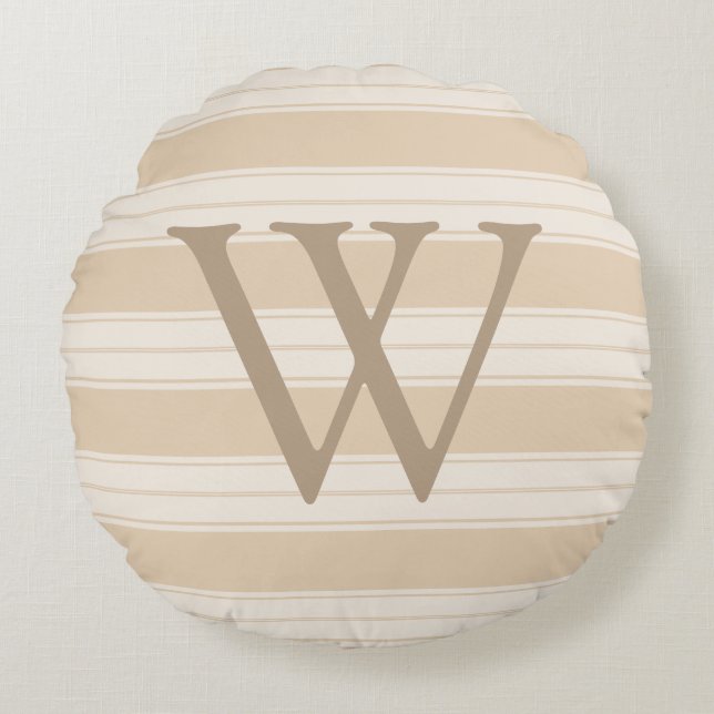 Cream & Tan French Stripes Taupe Initial Letter Round Cushion (Front)