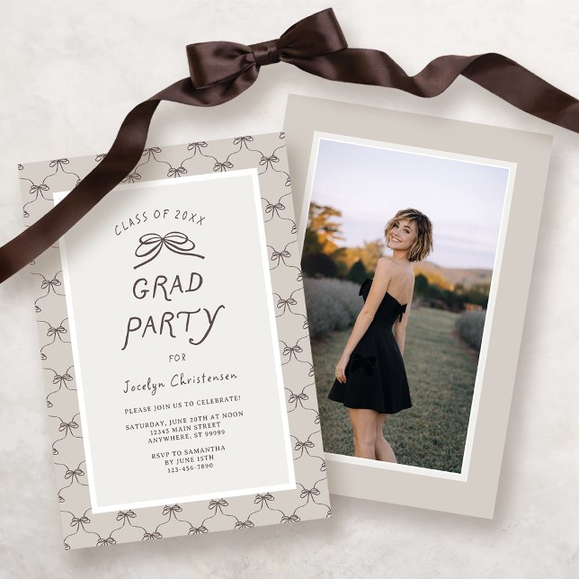 Cream Taupe Coquette Bow Grad Party Invitation (Front and Back View)