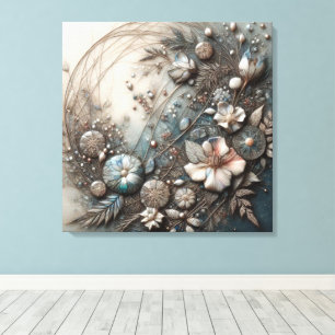 Cream Teal 3D Sculptural Botanical Floral Canvas Print