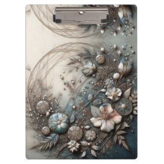 Cream Teal 3D Sculptural Botanical Floral Clipboard