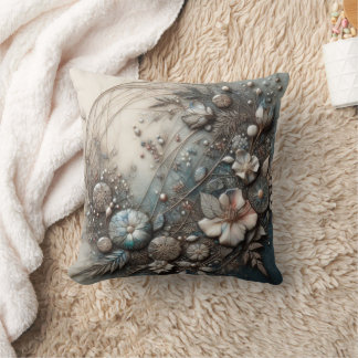 Cream Teal 3D Sculptural Botanical Floral Cushion