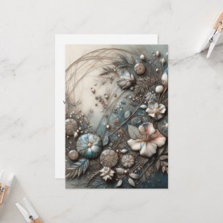 Cream Teal 3D Sculptural Botanical Floral Greeting Card