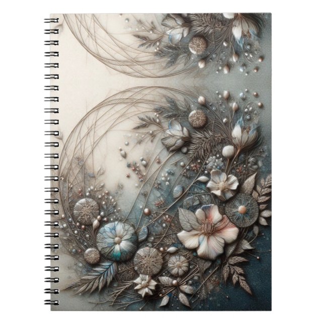 Cream Teal 3D Sculptural Botanical Floral  Notebook (Front)