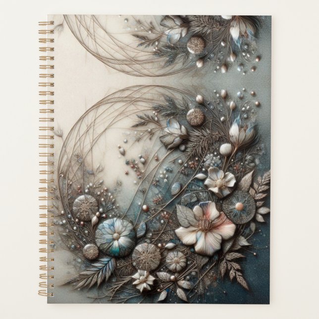 Cream Teal 3D Sculptural Botanical Floral  Planner (Front)