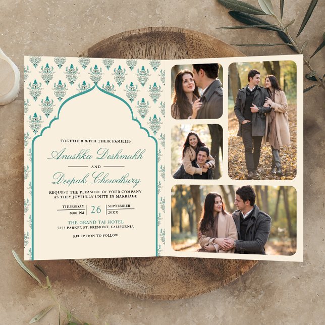 Cream Teal Ikat All in One Indian Wedding Invitation (Creator Uploaded)
