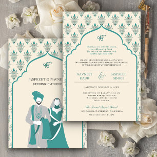 Cream Teal Punjabi Anand Karaj Sikh Wedding Invitation
