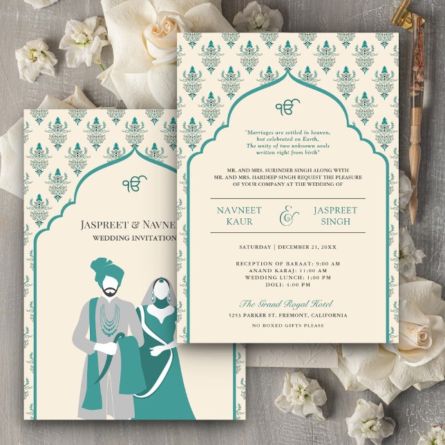 Cream Teal Punjabi Anand Karaj Sikh Wedding Invitation (Creator Uploaded)