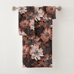 Cream, teracote flowers on a dark brown background bath towel set