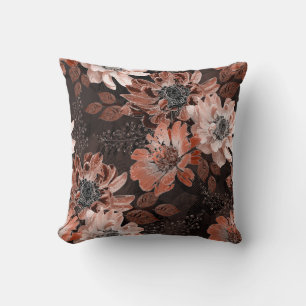 Cream, teracote flowers on a dark brown background cushion