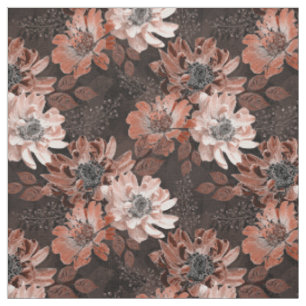 Cream, teracote flowers on a dark brown background fabric