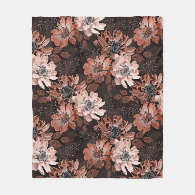 Cream, teracote flowers on a dark brown background fleece blanket (Front)