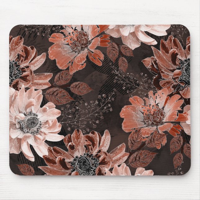 Cream, teracote flowers on a dark brown background mouse mat (Front)