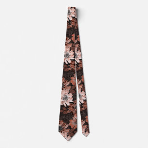 Cream, teracote flowers on a dark brown background tie