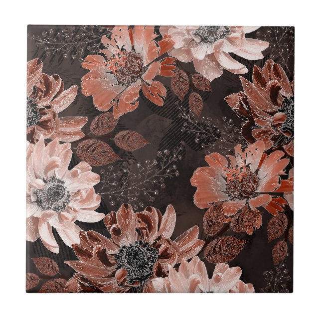 Cream, teracote flowers on a dark brown background tile (Front)