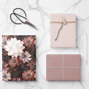 Cream, teracote flowers on a dark brown background wrapping paper sheet