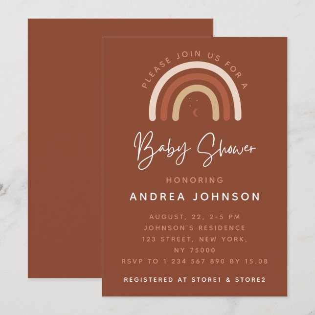 Cream & Terracotta Boho Rainbow Moon Baby Shower I Invitation (Front/Back)