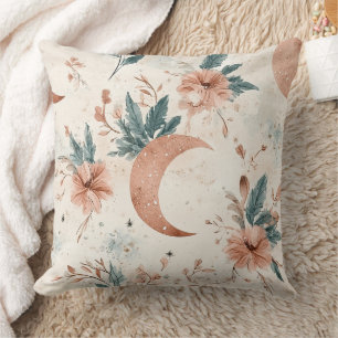 Cream Terracotta Crescent Moon Floral Celestial Cushion