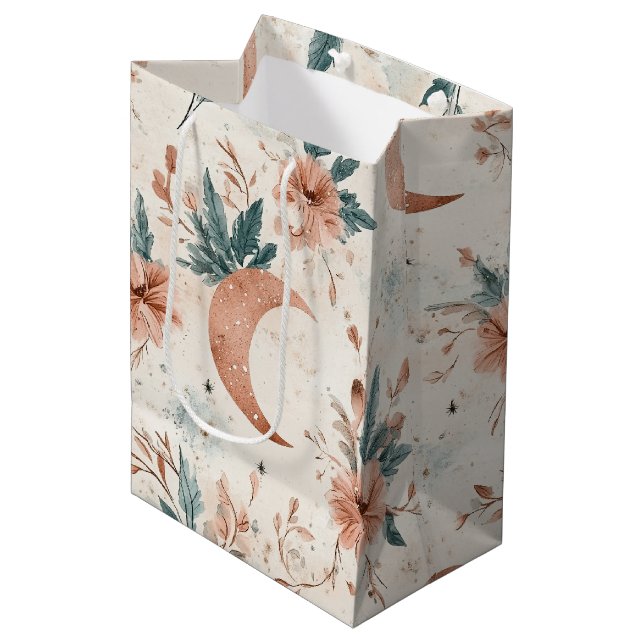 Cream Terracotta Crescent Moon Floral Celestial Medium Gift Bag (Front Angled)