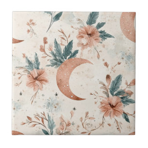 Cream Terracotta Crescent Moon Floral Celestial Tile