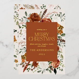  cream terracotta floral botanical elegant script  foil holiday card