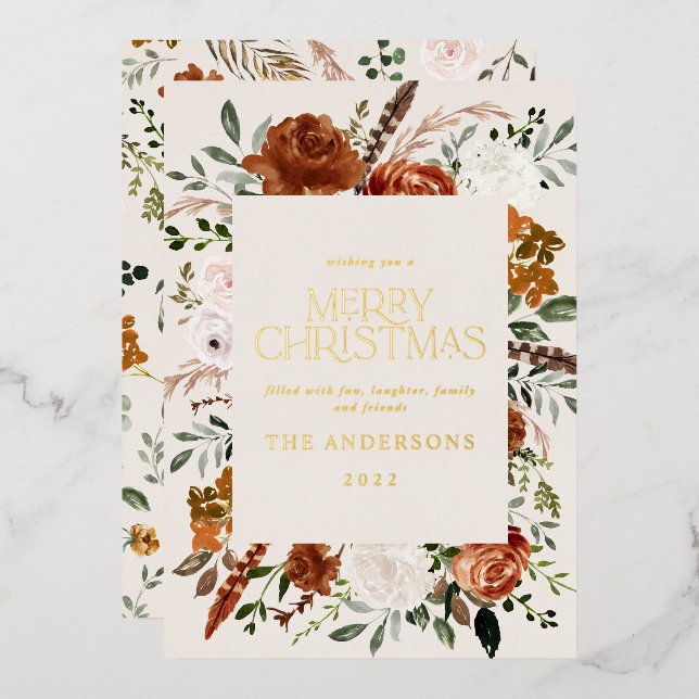  cream terracotta floral botanical elegant script  foil holiday card (Front/Back)