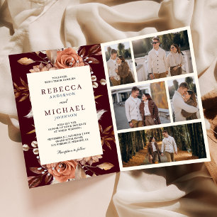 Cream Terracotta Floral QR Code Burgundy Wedding Invitation