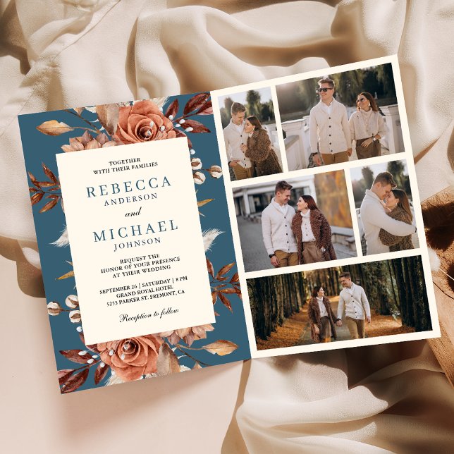 Cream Terracotta Floral QR Code Dusty Blue Wedding Invitation (Creator Uploaded)