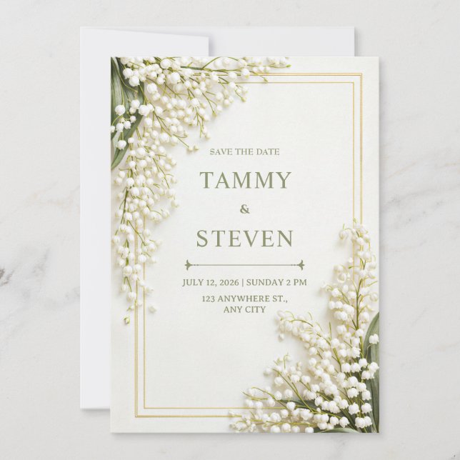 Cream Textured Lily Valley Gold Frame Wedding Invitation (Front)