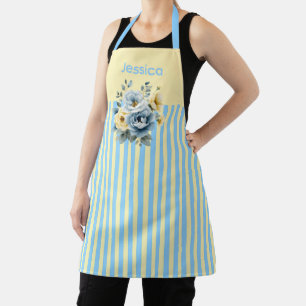Cream Top with Teal Stripes Floral Apron