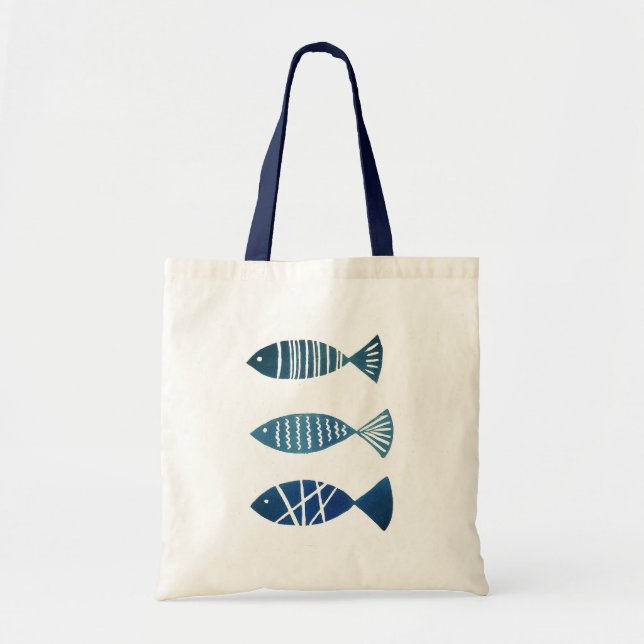 Cream Tote bag with blue fishes (Front)