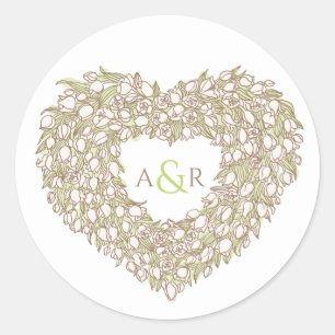 Cream tulip wreath ink drawing monogram wedding classic round sticker