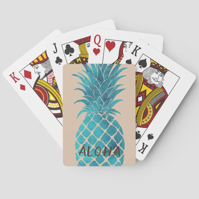 Cream Turquoise Blue Tropical Pineapple Aloha Playing Cards (Back)