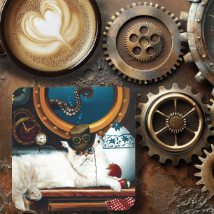Cream Victorian Steampunk Cat Tea Party Submarine Coaster